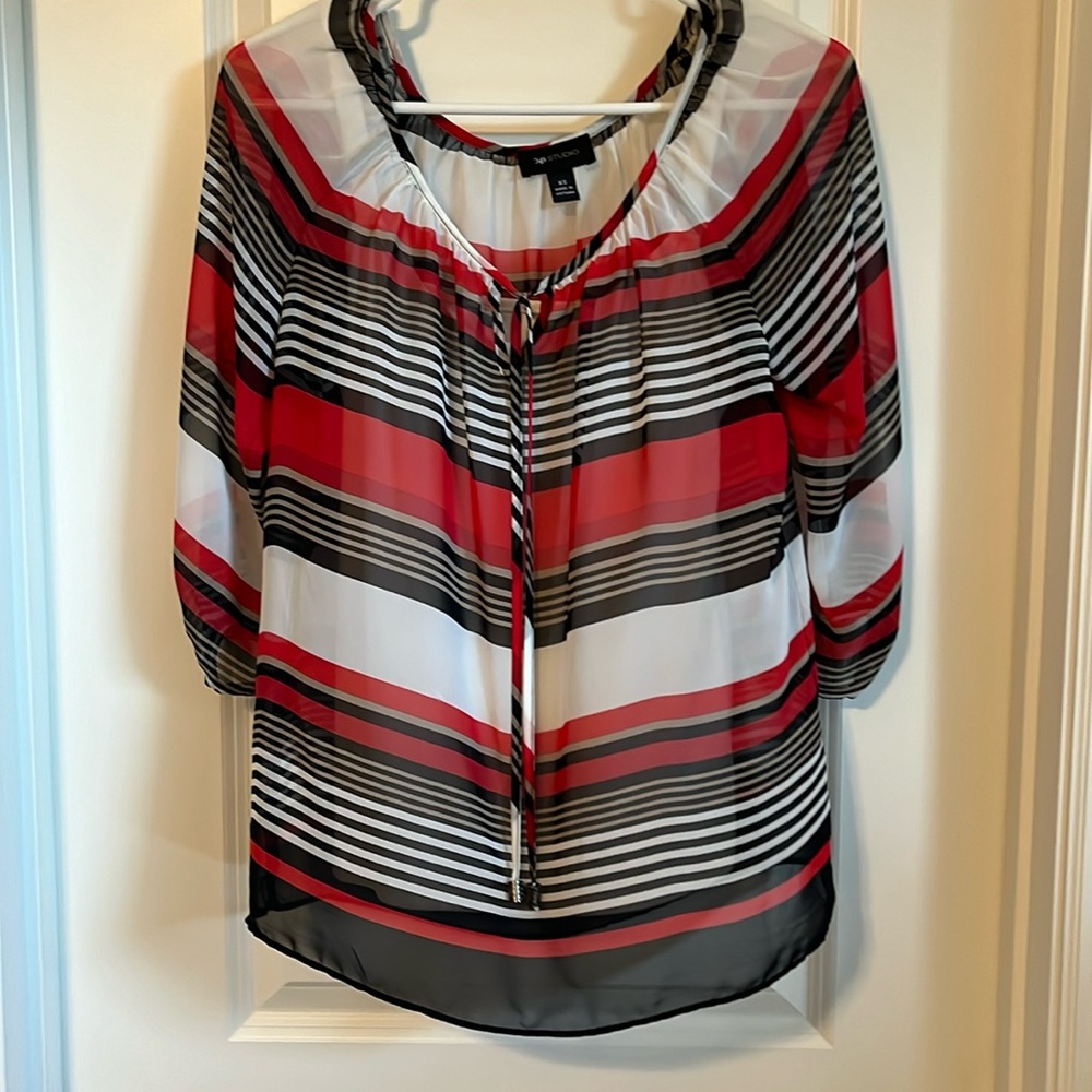 AB Studio red, black and white stripe chiffon top with built in tank
